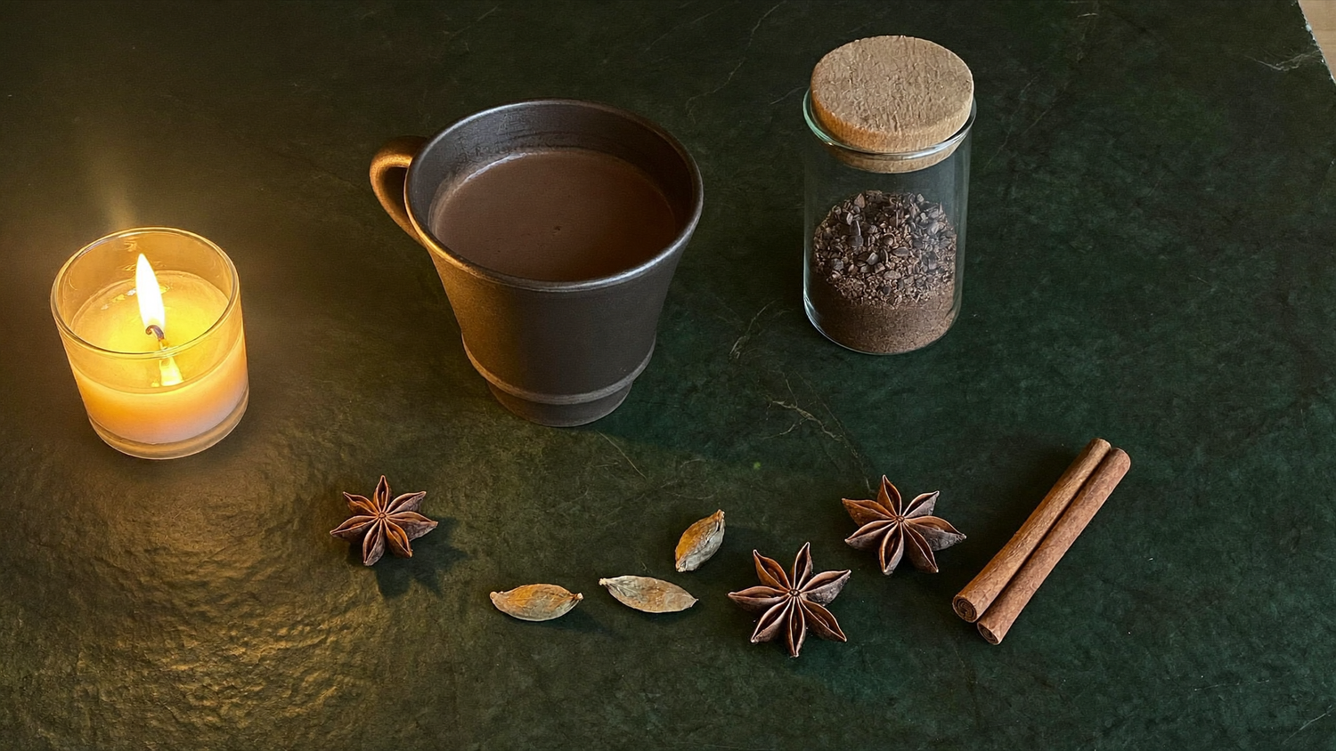 Dark cup of ceremonial cacao beside a lit candle, cacao nibs, star anise and cinnamon on green stone