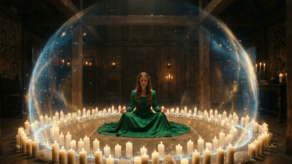 Woman seated in meditation at the centre of a wide circle of burning candles in a dark wooden hall