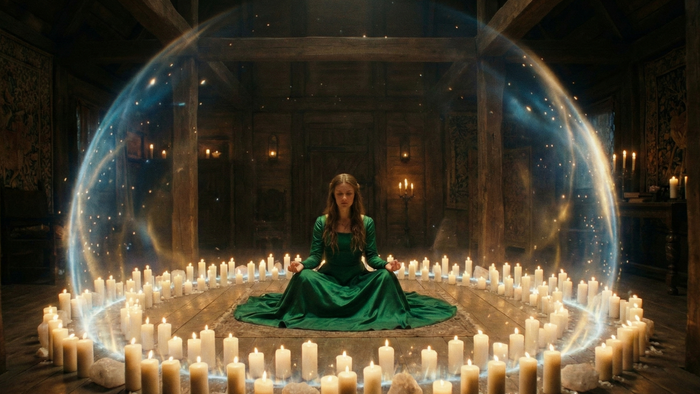 Woman seated in meditation at the centre of a wide circle of burning candles in a dark wooden hall