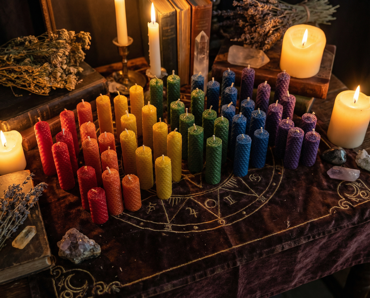 Rows of slim coloured beeswax chime candles standing on a dark altar cloth in warm candlelight
