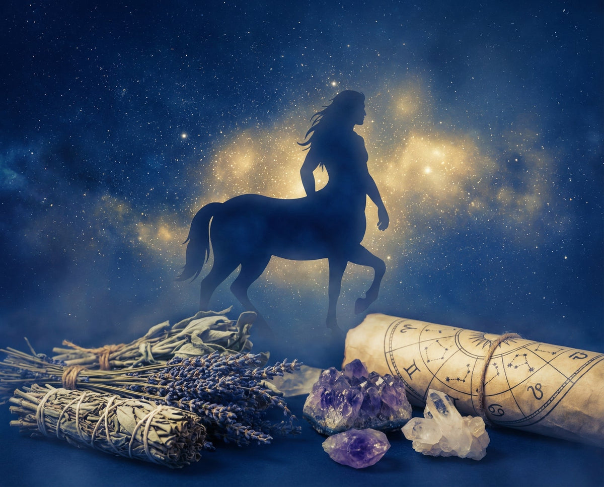 A centaur silhouette against a starry sky beside a rolled zodiac chart, amethyst points and bundled dried herbs