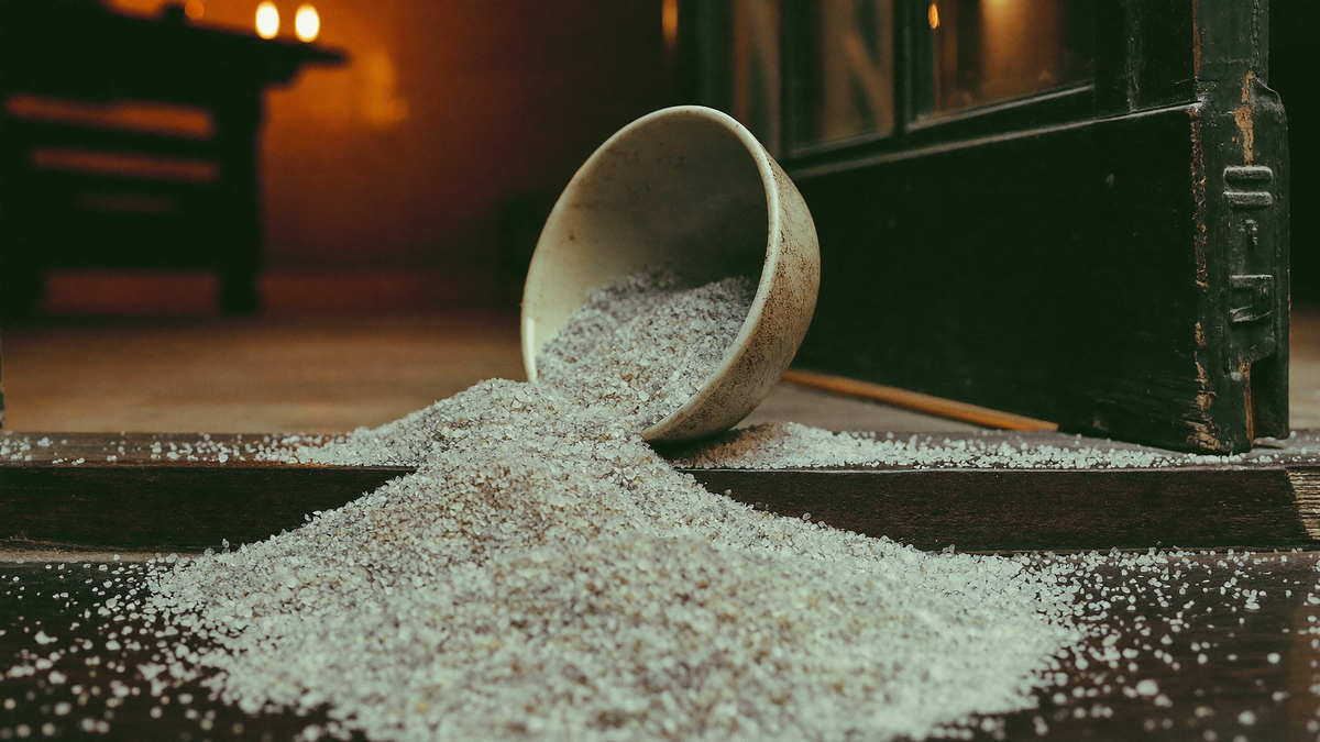 Coarse sea salt spilling from a tipped ceramic bowl across a dark wooden doorway threshold