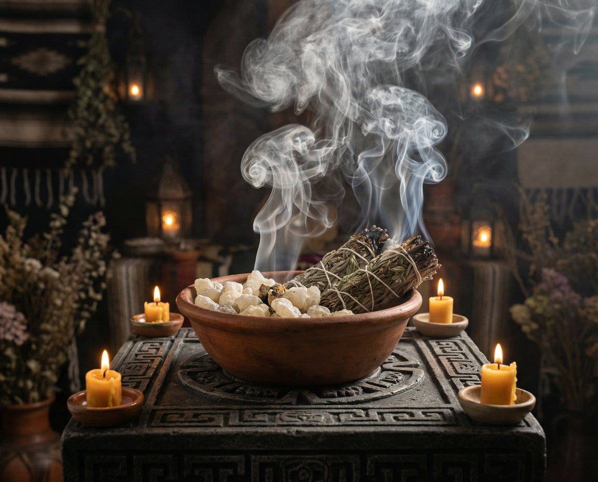 Pale copal resin and a bound herb bundle smoking in a clay bowl on a carved stone altar between beeswax candles