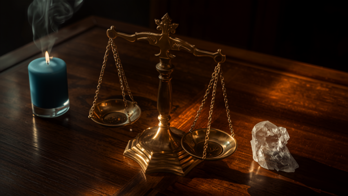 Brass balance scales beside a lit candle and a clear quartz point on a dark polished wooden table