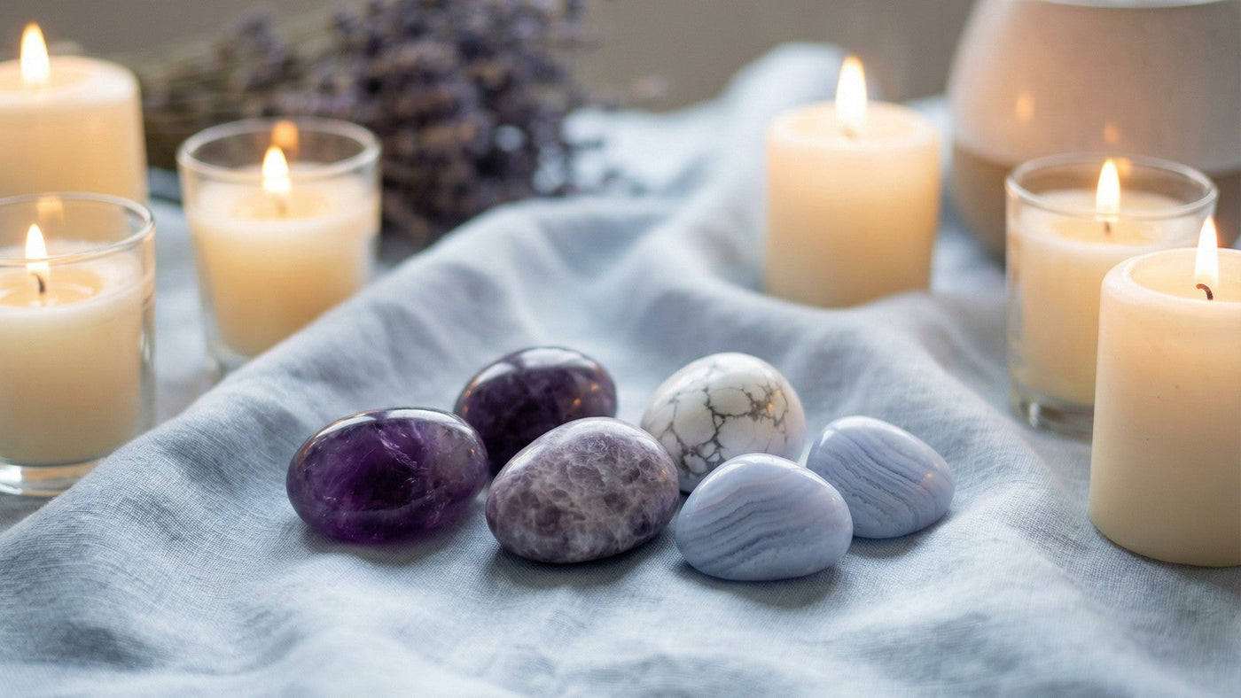 Tumbled amethyst, howlite and blue lace agate resting on pale linen among lit candles and dried lavender