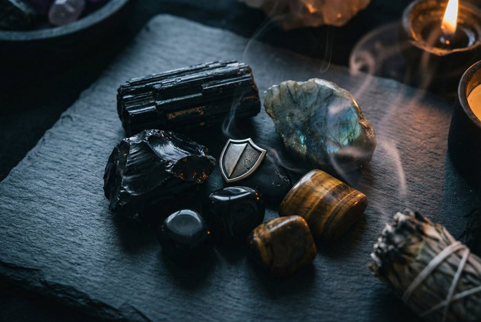 Black tourmaline, obsidian, labradorite and tiger's eye laid on dark slate beside a smouldering sage bundle and candlelight