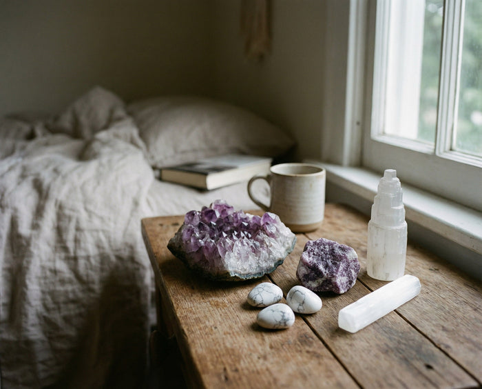 Amethyst, lepidolite, howlite and selenite crystals on a wooden nightstand beside a made bed