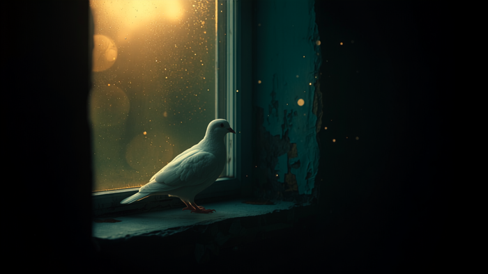 White dove perched on a windowsill in warm evening light seen from inside a dim room