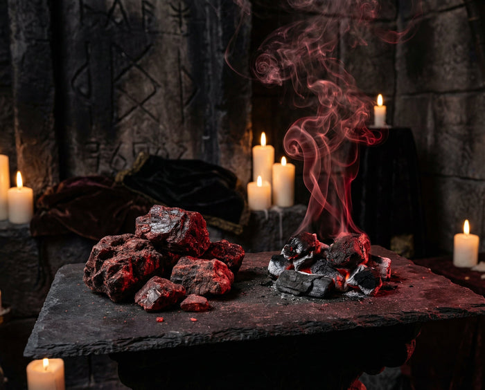 Dark red dragon's blood resin chunks beside glowing charcoal with red smoke on a slate altar slab