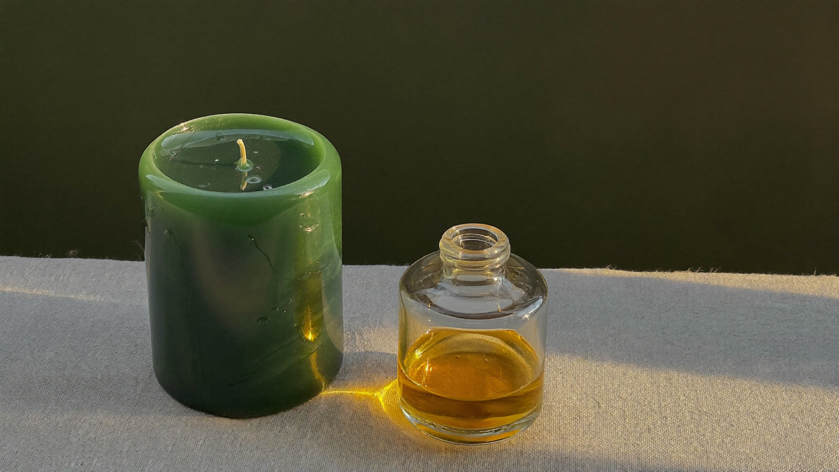 An unlit green pillar candle with droplets of golden oil beside a small open glass vial on pale linen
