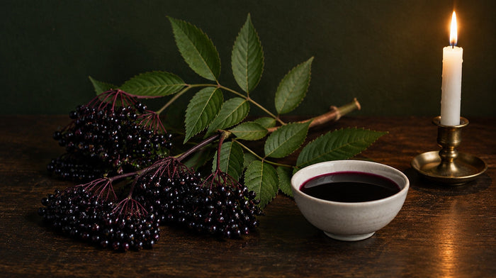 Branch of black elderberries on red stalks with pinnate serrated elder leaves, a bowl of dark juice and a lit candle