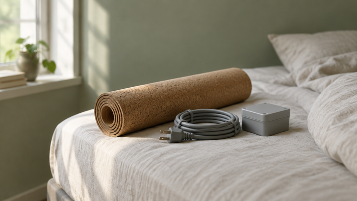 A rolled cork mat, a coiled grounding cable and a small grey device on a bare mattress in morning light