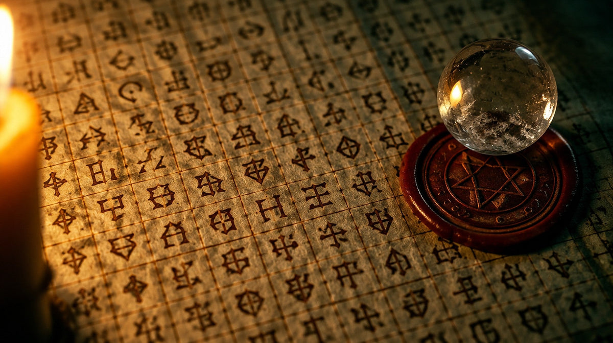 Parchment grid of strange angelic letters in brown ink with a clear crystal ball on a red wax seal, by candlelight