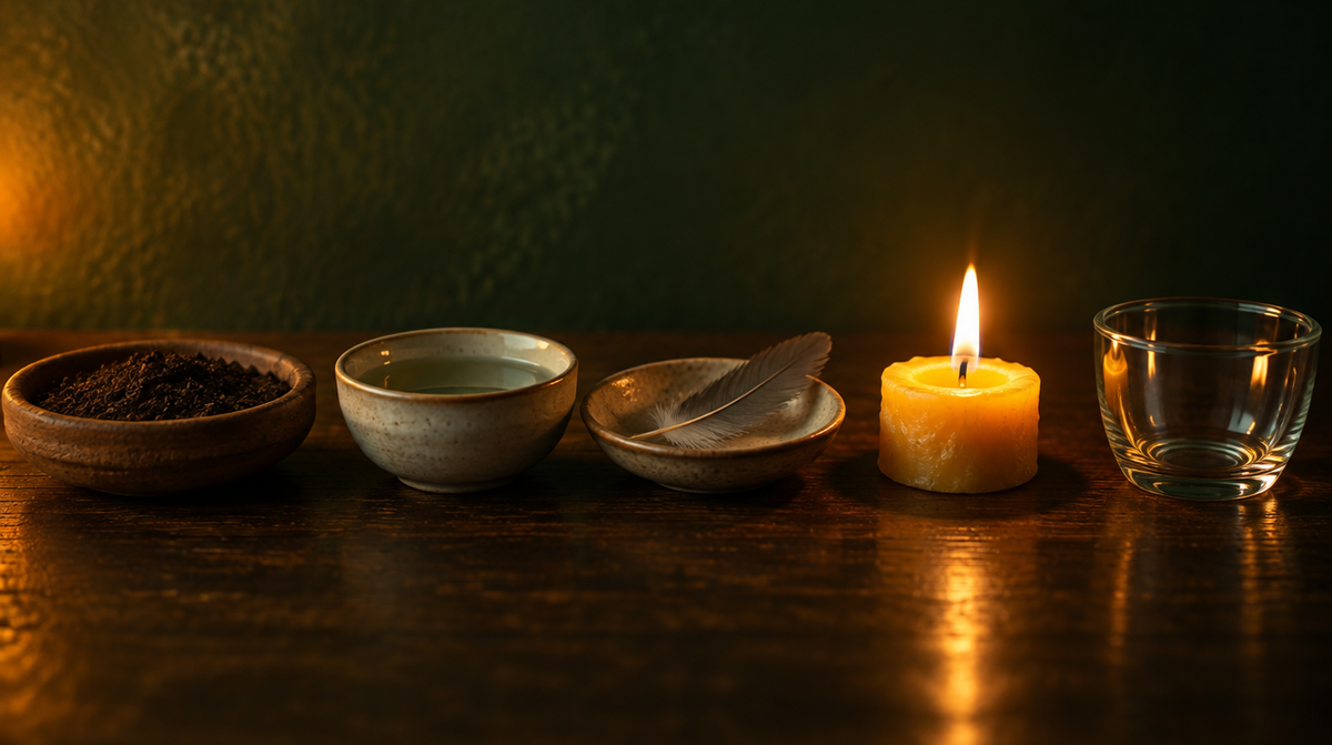 Soil, water, a feather and a lit candle in a row on dark wood beside an empty glass vessel