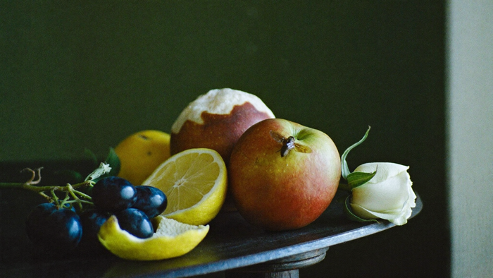 Vanitas-style still life of red apples, a cut lemon, dark grapes and a white rose, with a small fly on an apple