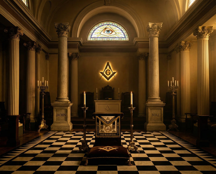 Masonic lodge interior with checkered floor, two pillars and the square and compasses