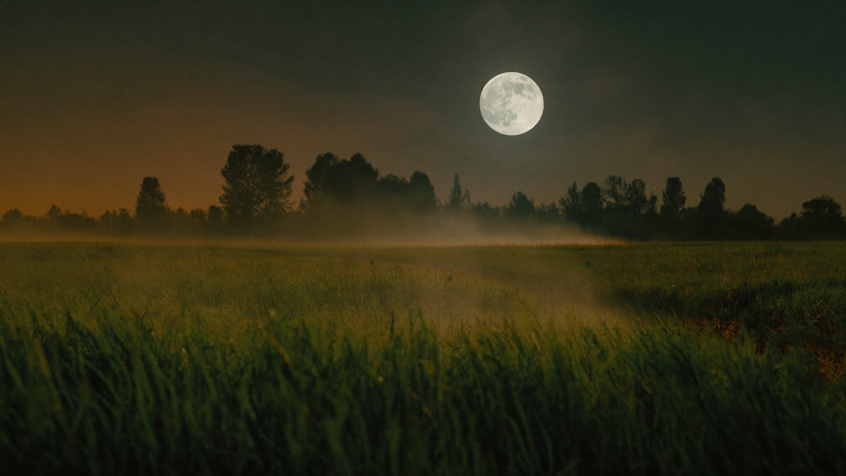 Full moon rising over a misty green meadow with a dark treeline on the horizon