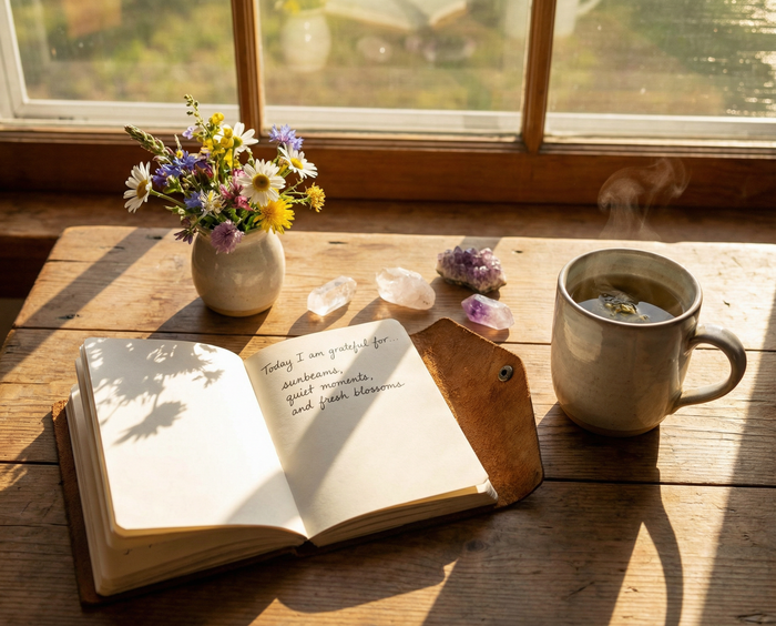 Open gratitude journal, wildflowers, amethyst and a steaming mug on a sunlit wooden table
