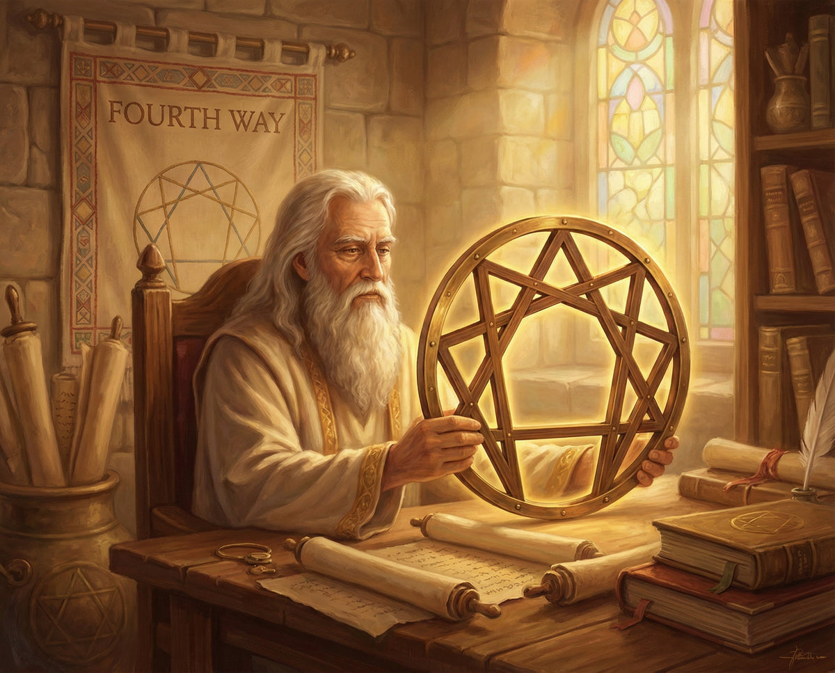 A white-bearded teacher holds a brass nine-pointed enneagram ring in a stone study filled with scrolls.