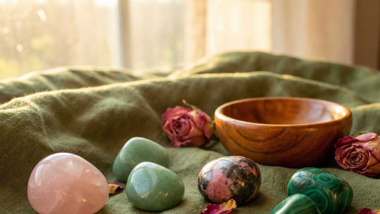 Rose quartz, green aventurine, rhodonite and malachite with dried roses and a wooden bowl on green linen