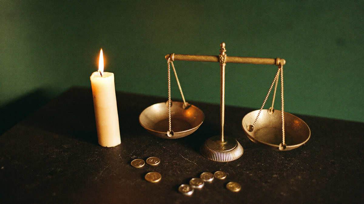 A small brass balance scale with empty pans beside a lit candle and scattered coins on dark stone