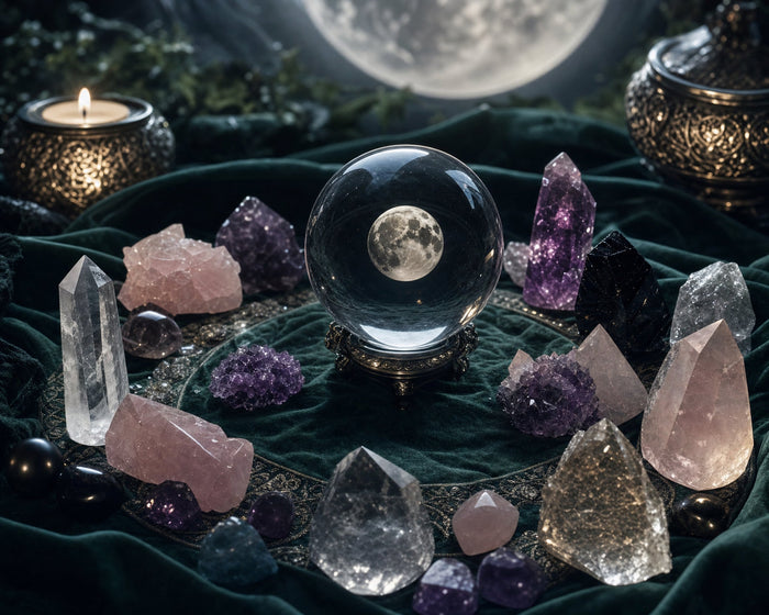 Crystals arranged in a circle on dark green velvet beneath a full moon, lit by a single candle