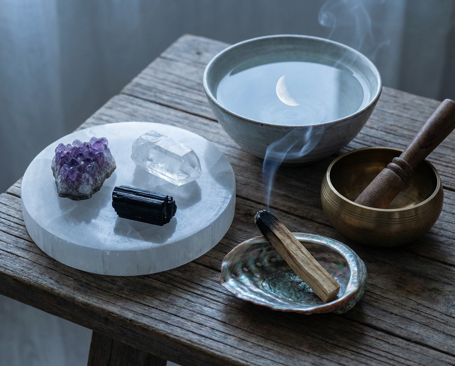 Amethyst, clear quartz and black tourmaline on a selenite plate beside a water bowl, smoking palo santo and a singing bowl