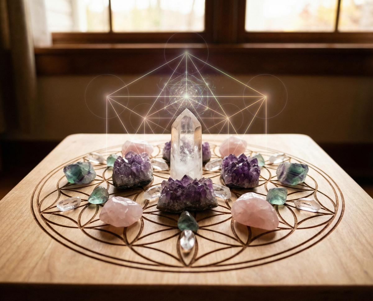 Crystal grid of amethyst, rose quartz and fluorite laid around a clear quartz point on a Flower of Life wooden board
