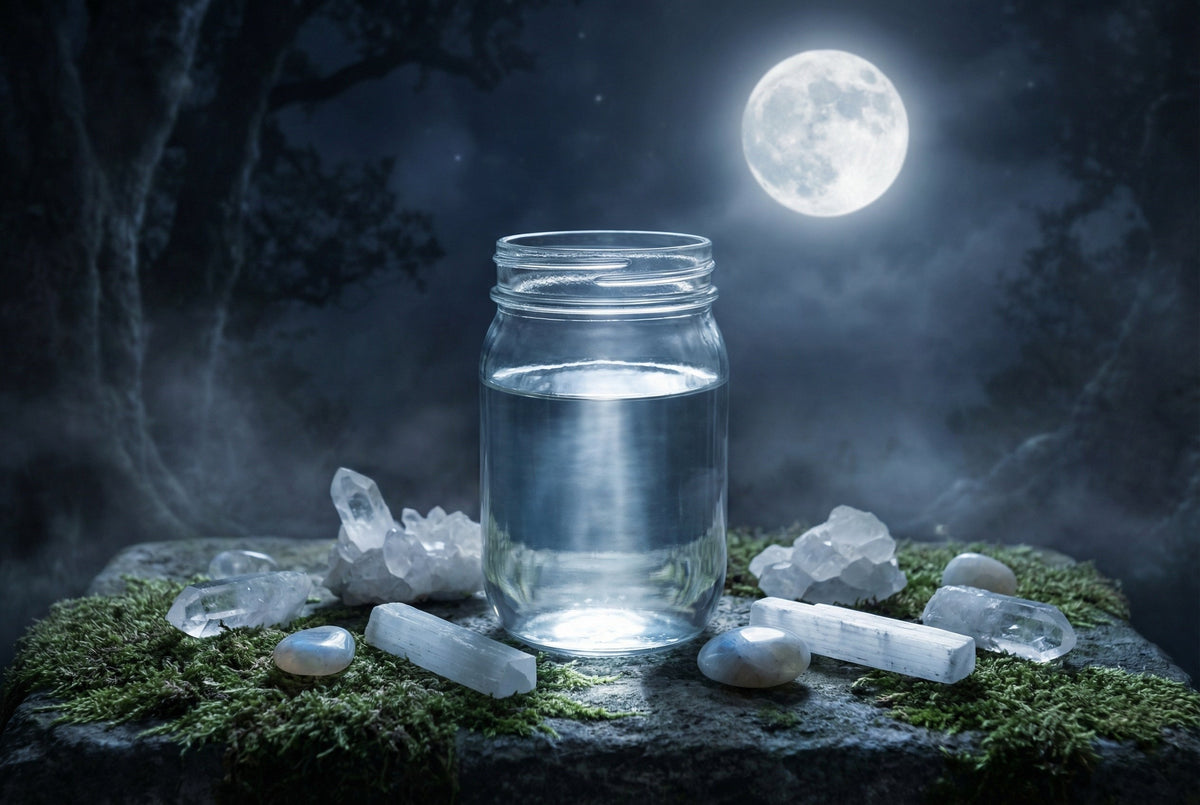 Glass jar of water on a mossy stone under a full moon, surrounded by clear quartz and selenite
