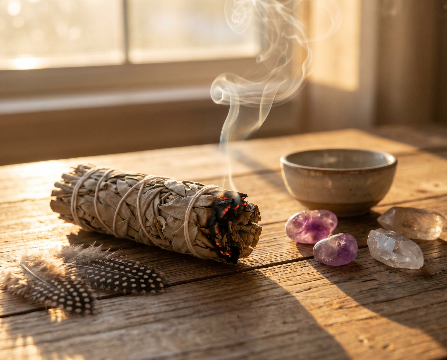 Smoldering herb bundle beside a heatproof bowl and tumbled crystals at an open window