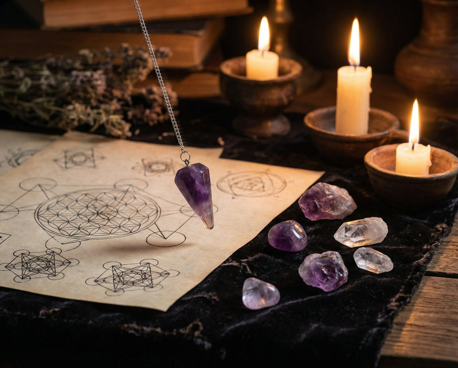 Amethyst pendulum hanging above a hand-drawn geometry chart on aged paper, lit by three candles