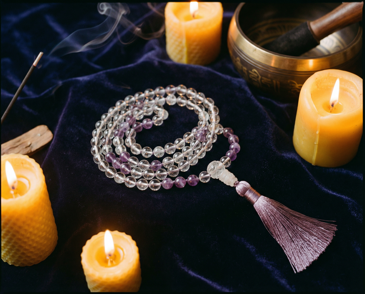 Clear quartz and amethyst mala with a tassel coiled on dark velvet beside a singing bowl and beeswax candles