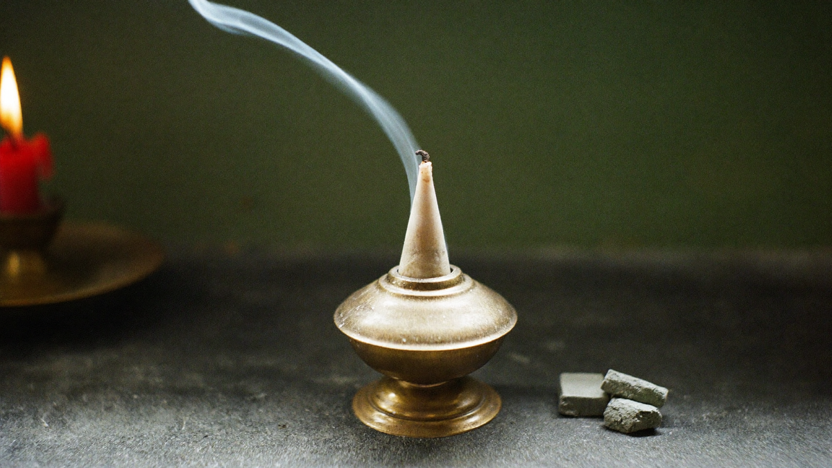 Incense cone smouldering on a brass burner beside a lit candle against a dark green wall