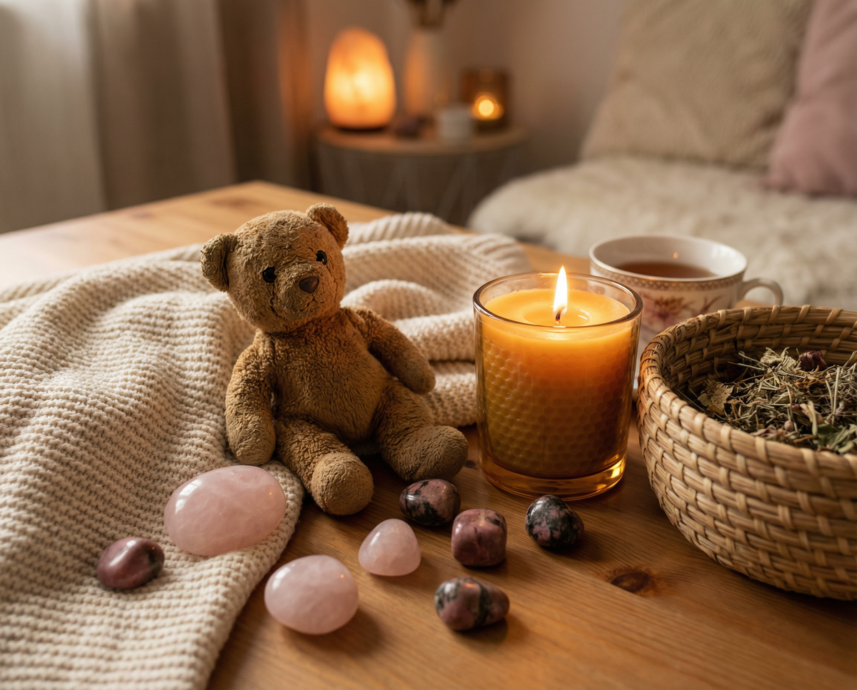 Teddy bear, lit candle, rose quartz and rhodonite stones on a knitted blanket in a warm room