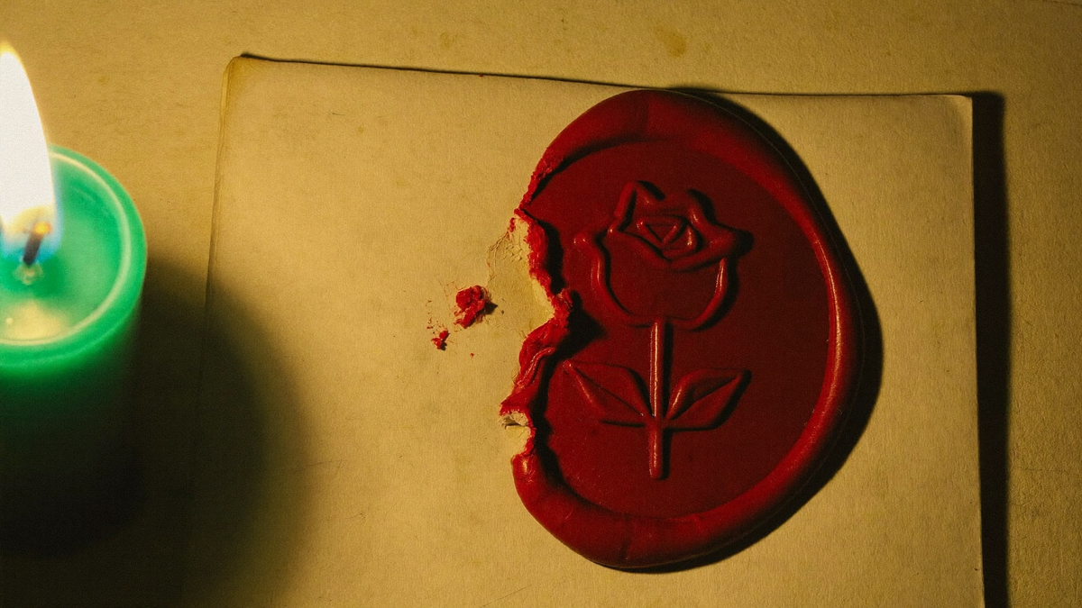 Red wax seal embossed with a rose, broken open at one edge on pale paper beside a burning candle