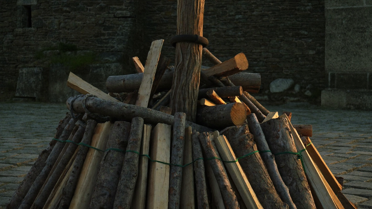 Unlit pyre: a thick wooden stake ringed with a dark band, split logs and brushwood stacked around it on cobblestones