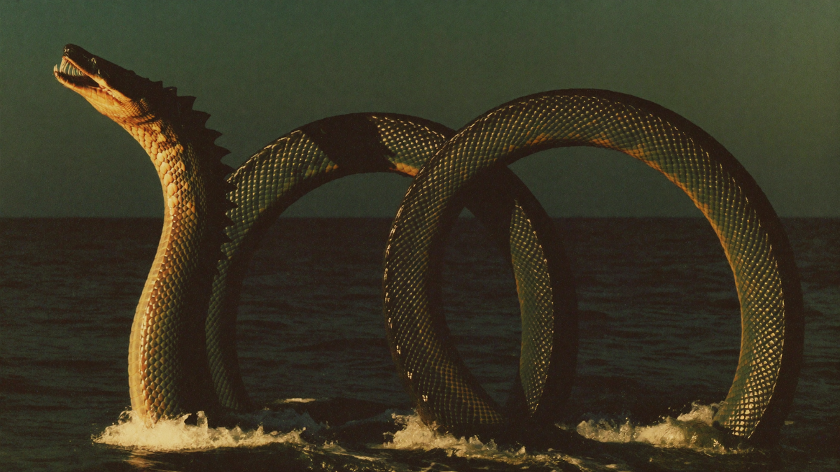 A colossal sea serpent lifts its head above a dark sea, its scaled coils arching out of the water at dusk