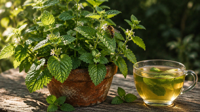 Potted lemon balm with wrinkled scalloped leaves and small white flowers, a honeybee, and a glass of balm tea