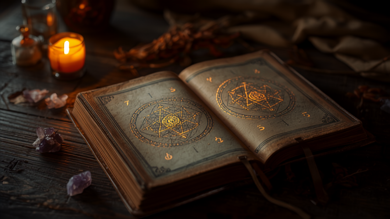 An open book of handwritten symbols lit by a candle beside raw amethyst on dark wood