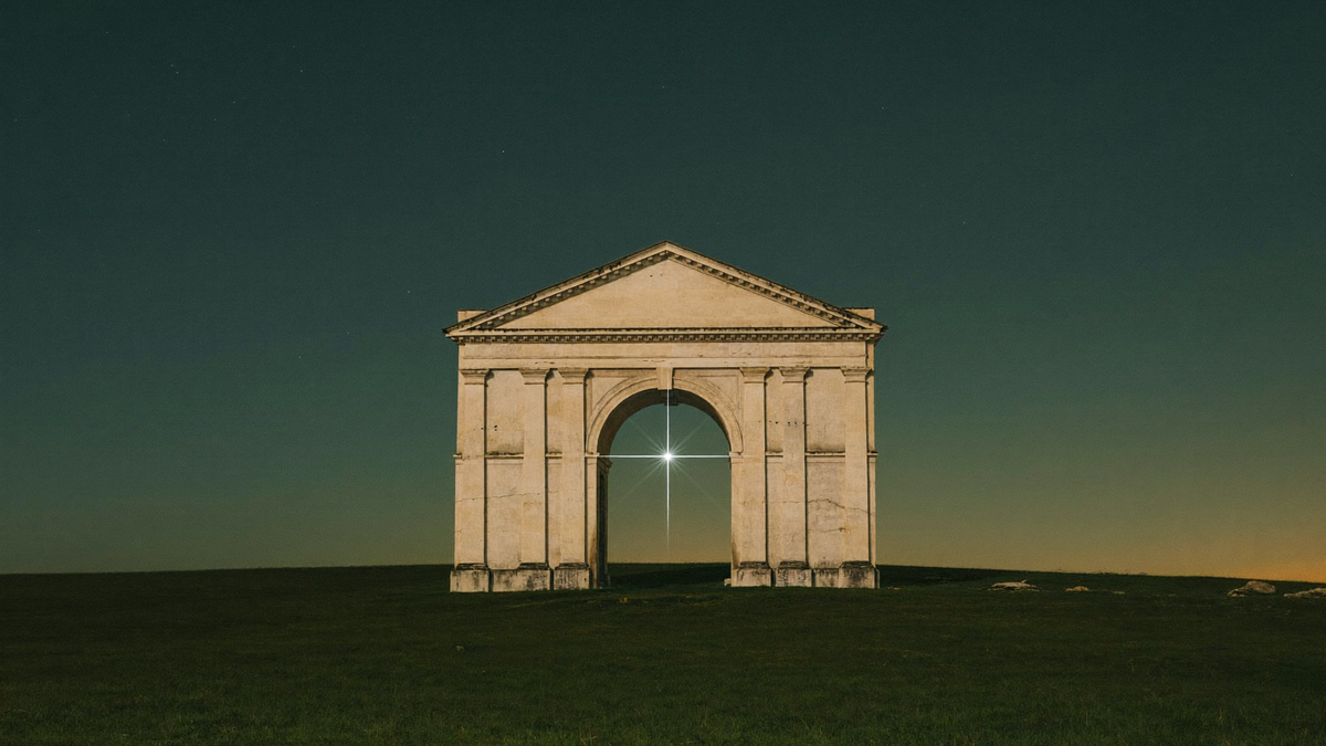 A lone stone gateway on a dark hillside at night with one bright star burning in the arch opening