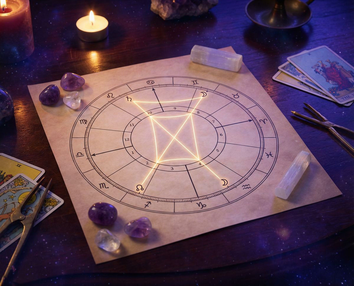 Birth chart on parchment with the glowing node axis, amethyst stones and candlelight