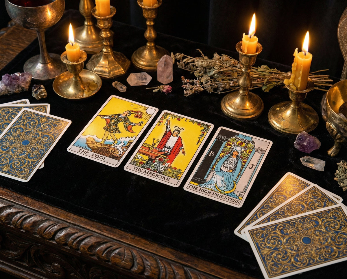 Tarot cards laid face up on dark wood beside lit candles, clear crystals and bundles of dried herbs