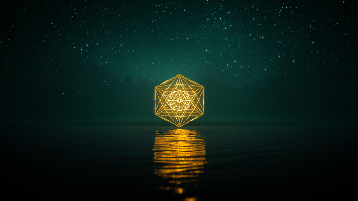 Glowing golden sacred geometry figure hovering above still dark water under a starry night sky