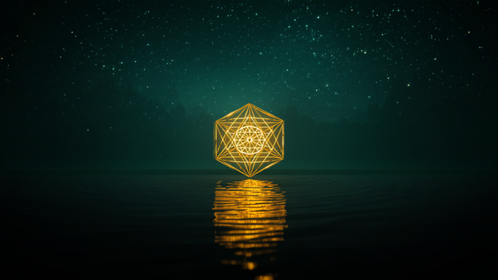 Glowing golden sacred geometry figure hovering above still dark water under a starry night sky