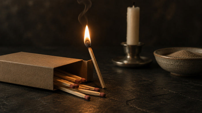 A freshly struck wooden match leaning on a plain open matchbox on dark slate, an unlit taper candle behind it