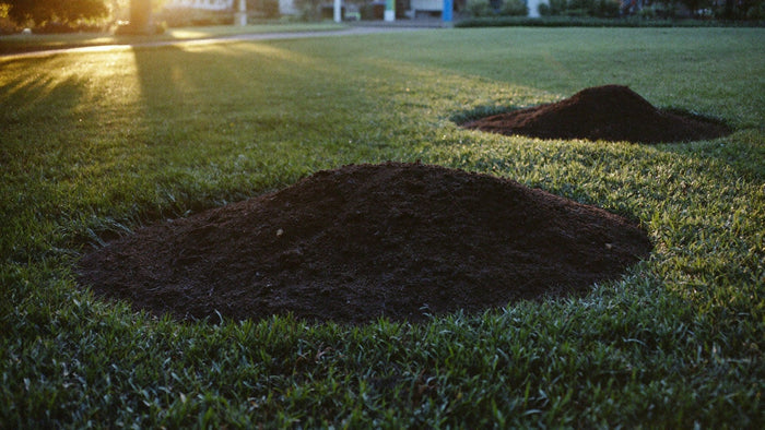 Two fresh mounds of dark earth pushed up in a dew-covered lawn, low morning sun raking across the grass