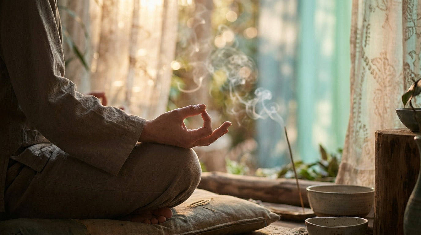 Seated person in linen holding a thumb-and-index mudra on the knee beside a smoking incense stick