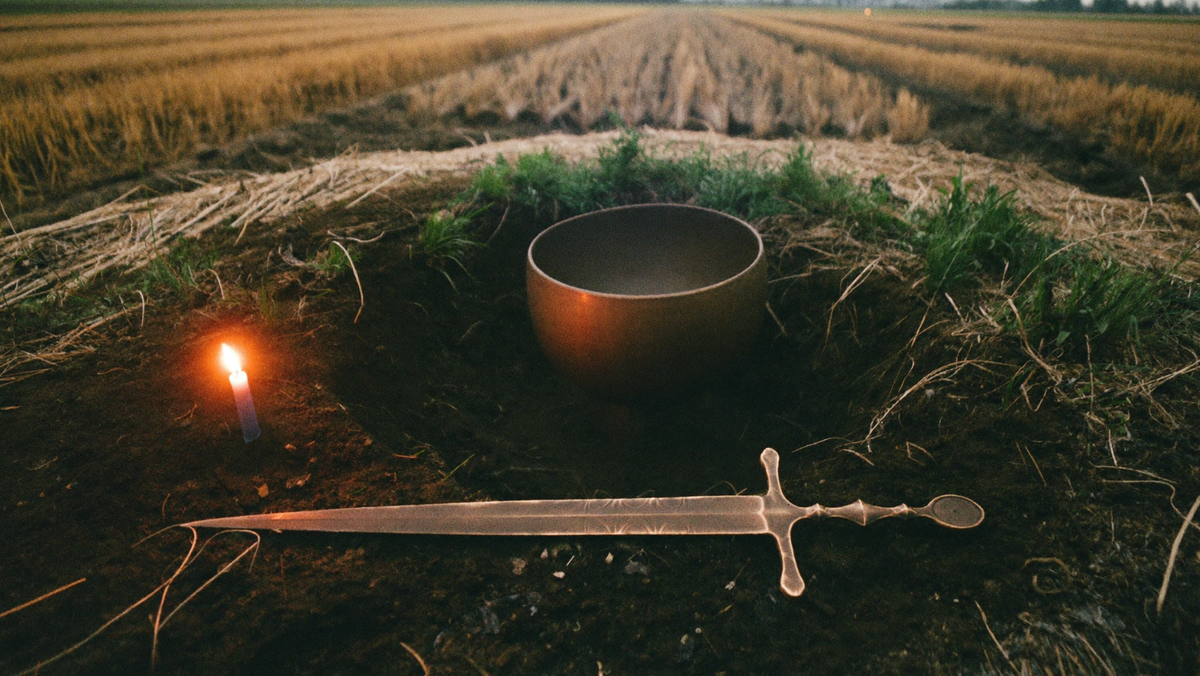 A shallow pit in a harvested field with a bronze bowl, a sword and a candle