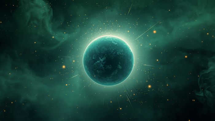 A deep blue-green planet rimmed with light, drifting in a dark green nebula scattered with amber stars