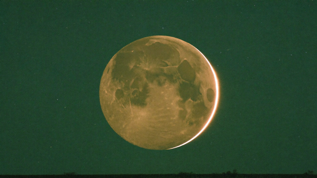The moon almost fully in shadow with a thin bright rim of sunlight along one edge above a dark horizon